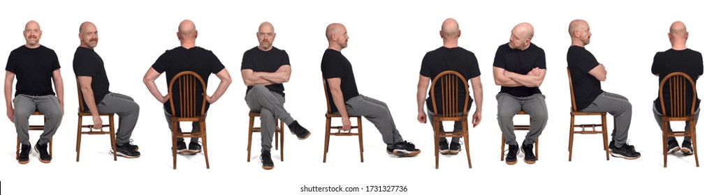 Large Group Of Same Man With Sportswear Sitting With A Chair On White Background, Side View, Front View, Back View,