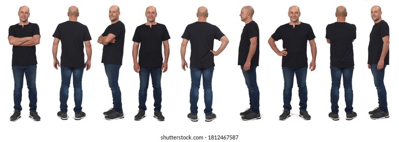 Large Group Of Same Man Vith Front,side And Back View On White Background