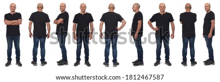 large group of same man vith front,side and back view on white background