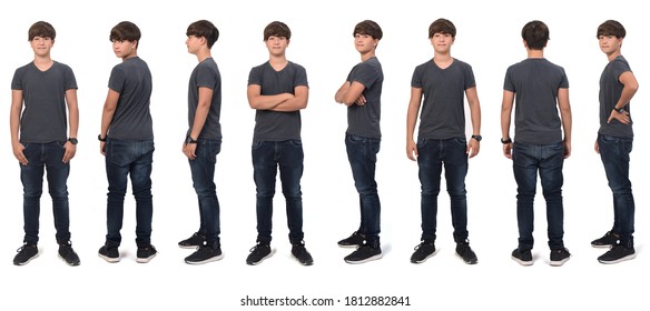 Large Group Of Same Teenage Boy With Front,back And Side View On White Background