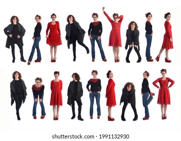 Large Group Of  Same Woman With Different Outfits On White Background