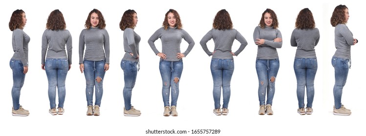 large group of same woman with jeans front, back and side view on white background