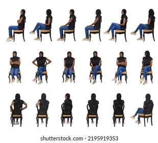 Large Group Of Same Woman Sitting On Chair On White Background