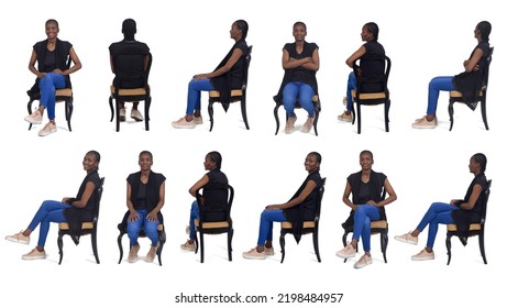 Large Group Of Same Woman Sitting On Chair On White Background