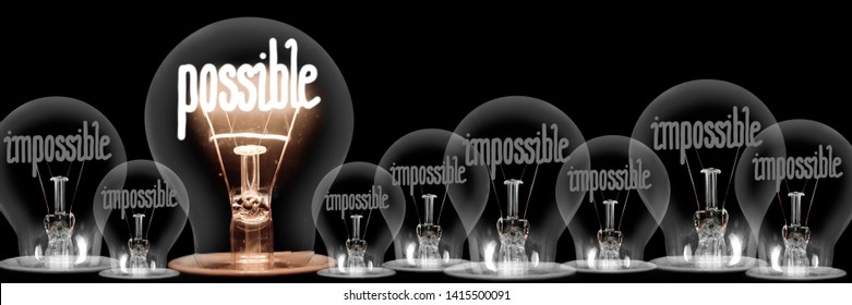 Large group of shining and dimmed light bulbs with fibers in a shape of Impossible and Possible words isolated on black background; concept of Motivation, Success and Change - Shutterstock ID 1415500091