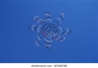 Large Group Of Skydivers Flying In Formation Of Flower Against Blue Sky