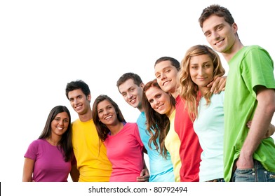 Large Group Of Smiling Friends Staying Together And Looking At Camera Isolated On White Background