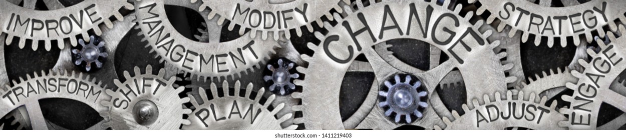 Large Group Of Tooth Wheels With Change, Management, Shift, Plan And Strategy Concept Related Words Imprinted On Metal Surface