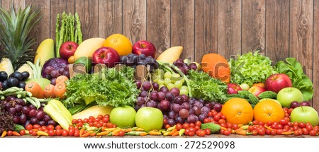 Large group of tropical fruits and vegetables organics