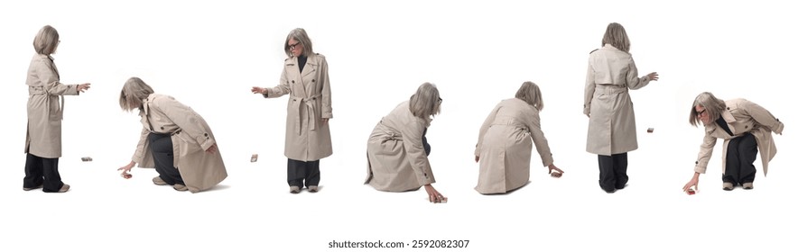 large group of various poses of the same woman throwing and picking up cigarette pack from the floor 

