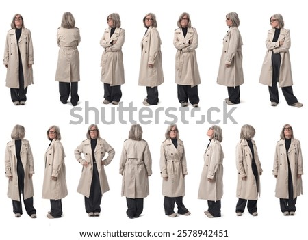 large group of  various poses of the same woman standing on white background.