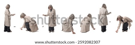 large group of various poses of the same woman throwing and picking up cigarette pack from the floor 

