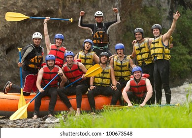 Large Group Of Young People Ready To Go Rafting