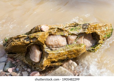 Large Gypsum Rock Or Stone Surrounded By Water. Big Wet Calcite Washed In The River Shore With Lots Of Waves. Semi Precious White Gem Deposit Or Mining