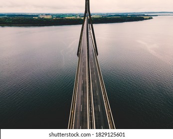 Large Highway Bridge With Cars And Trucks On It. Arial View.