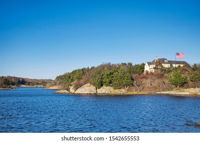 Large Homes Lining The Goose Neck Salt Marsh In Newport Rhode Island On A Sunny Blue Sky Autumn Day.