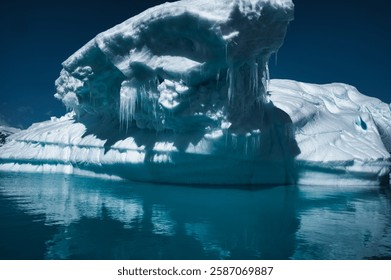 Large icebergs float in the antarctic ocean, surrounded by snow-capped mountains.  No people are visible.