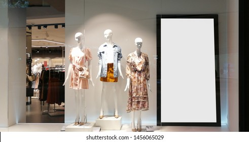 Large Indoor White Blank Advertisement Billboard Banner Mock Up In Shop Window.Isolated Template Clipping Path
