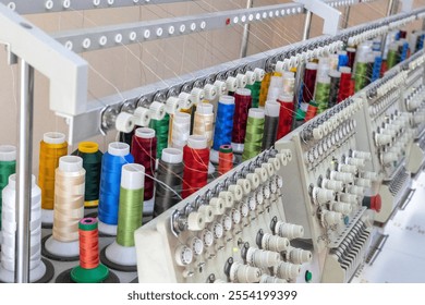  A large industrial embroidery machine in a sewing workshop, representing advanced textile production and craftsmanship. small business, embroidery, fashion branding, and national clothing manufacturi - Powered by Shutterstock