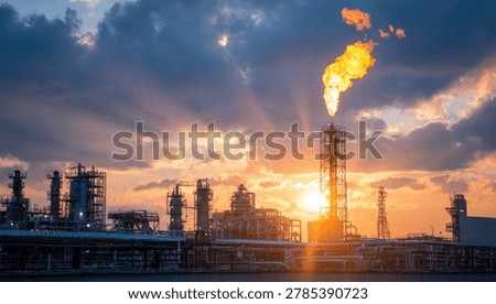 A large industrial flare stack burns brightly against a dramatic sunset sky, with silhouetted refinery structures in the background.