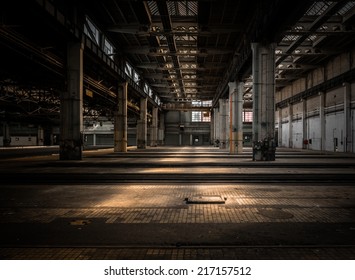 Large industrial hall vehicle repair station