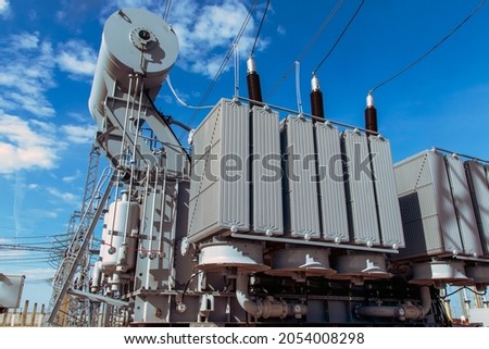 Large industrial power transformer for high voltage substation. Power engineering.