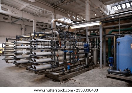 A large industrial set installation of reverse osmosis system and nanofiltration membranes for water treatment.