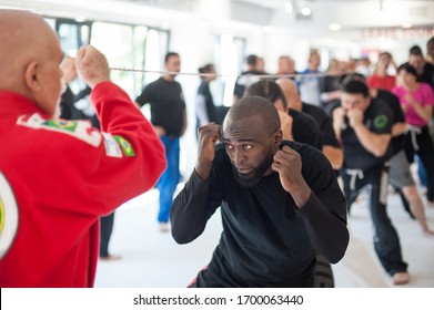 Large international multiethnic group of sport students have high intensity endurance boxing training going up and down, left and right, under the rope in gym at a martial arts seminar - Powered by Shutterstock