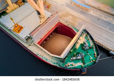 Large International Transportation Vessel In The Port, Loading For Export In The Sea Waters.