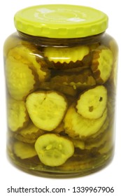 Large Jar Of Dill Pickle Slices Over White Background.