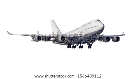 A large jumbo size airplane with four engines on the wings and landing gear with many wheels  and window isolated on white