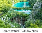 Large lakes and flowing waterfalls in Plitvice Lakes National Park, Croatia