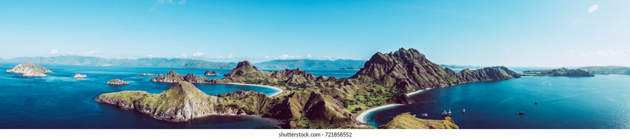 Large Landscape From Group Of Island From Indonesia. Aerial View Of Panoramic Nature Scene With Colorful Water And Land. Concept Of Freedom Drone Picture Of Idyllic Place In Indonesia