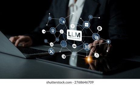 Large Language Model LLM processing data. Represents deep text learning, natural language processing NLP AI tech, transformer architecture, and generative AI deep learning future technology. Corpus