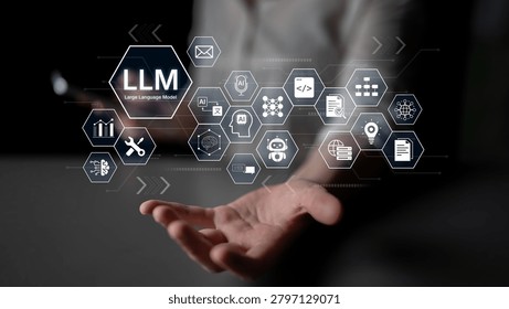 Large Language Model LLM processing data. Represents deep text learning, natural language processing NLP AI tech, transformer architecture, and generative AI deep learning future technology. Corpus