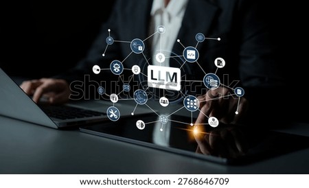 Large Language Model LLM processing data. Represents deep text learning, natural language processing NLP AI tech, transformer architecture, and generative AI deep learning future technology. Corpus