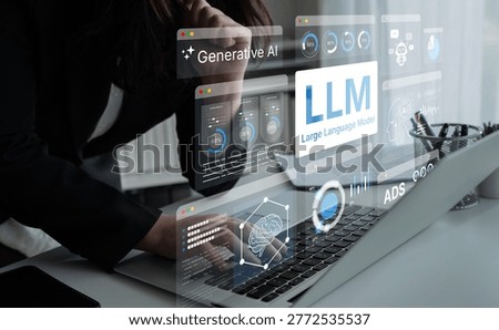 Large Language Model LLM processing data. Represents deep text learning, natural language processing NLP AI tech, transformer architecture, and generative AI deep learning future technology. Corpus