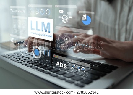 Large Language Model LLM processing data. Represents deep text learning, natural language processing NLP AI tech, transformer architecture, and generative AI deep learning future technology. Corpus