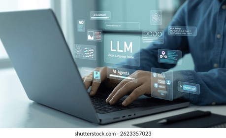 Large language model(LLM) with AI technology.User working on laptop in LLM,Data performrange language tasks,answering questions, summarizing information, translating languages, writing code. - Powered by Shutterstock - Get 15% off with code: PIKWIZARD15