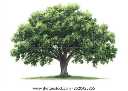 A large, leafy tree with thick branches and a wide canopy stands alone against a white background.