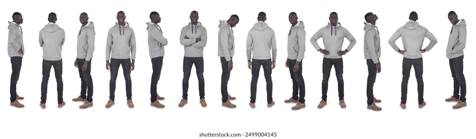 large line of same man various poses on white background