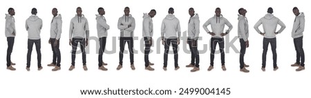 large line of same man various poses on white background