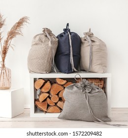 Large Linen Drawstring Bag Full Of Laundry In Interior.