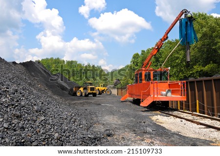 Large Loaders loading a Stock Pile of Coal into Rail Cars