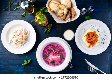 Large Lunch Set Of Three Courses Soup, Second Course And Salad, Top View Of A Three Course Set Menu Served On Wooden Table, Business Lunch Set Made Of Three Meals