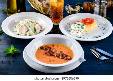 Large Lunch Set Of Three Courses Soup, Second Course And Salad, Top View Of A Three Course Set Menu Served On Wooden Table, Business Lunch Set Made Of Three Meals