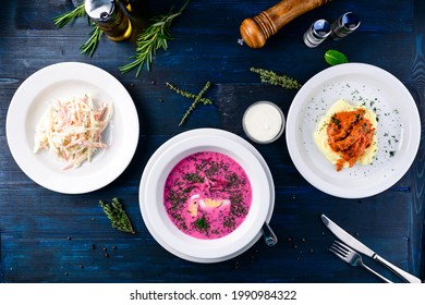 Large Lunch Set Of Three Courses Soup, Second Course And Salad, Top View Of A Three Course Set Menu Served On Wooden Table, Business Lunch Set Made Of Three Meals