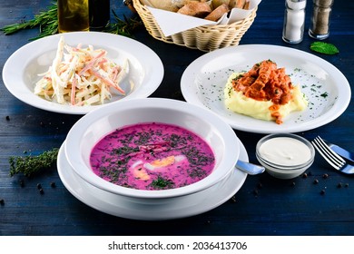 Large Lunch Set Of Three Courses Soup, Second Course And Salad, Top View Of A Three Course Set Menu Served On Wooden Table, Business Lunch Set Made Of Three Meals