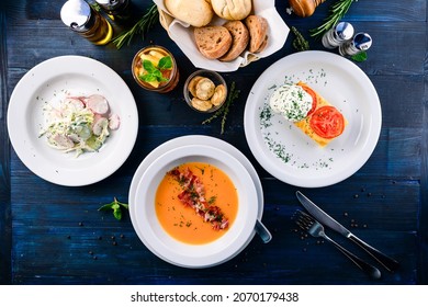 Large Lunch Set Of Three Courses Soup, Second Course And Salad, Top View Of A Three Course Set Menu Served On Wooden Table, Business Lunch Set Made Of Three Meals