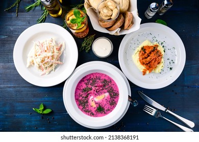 Large Lunch Set Of Three Courses Soup, Second Course And Salad, Top View Of A Three Course Set Menu Served On Wooden Table, Business Lunch Set Made Of Three Meals